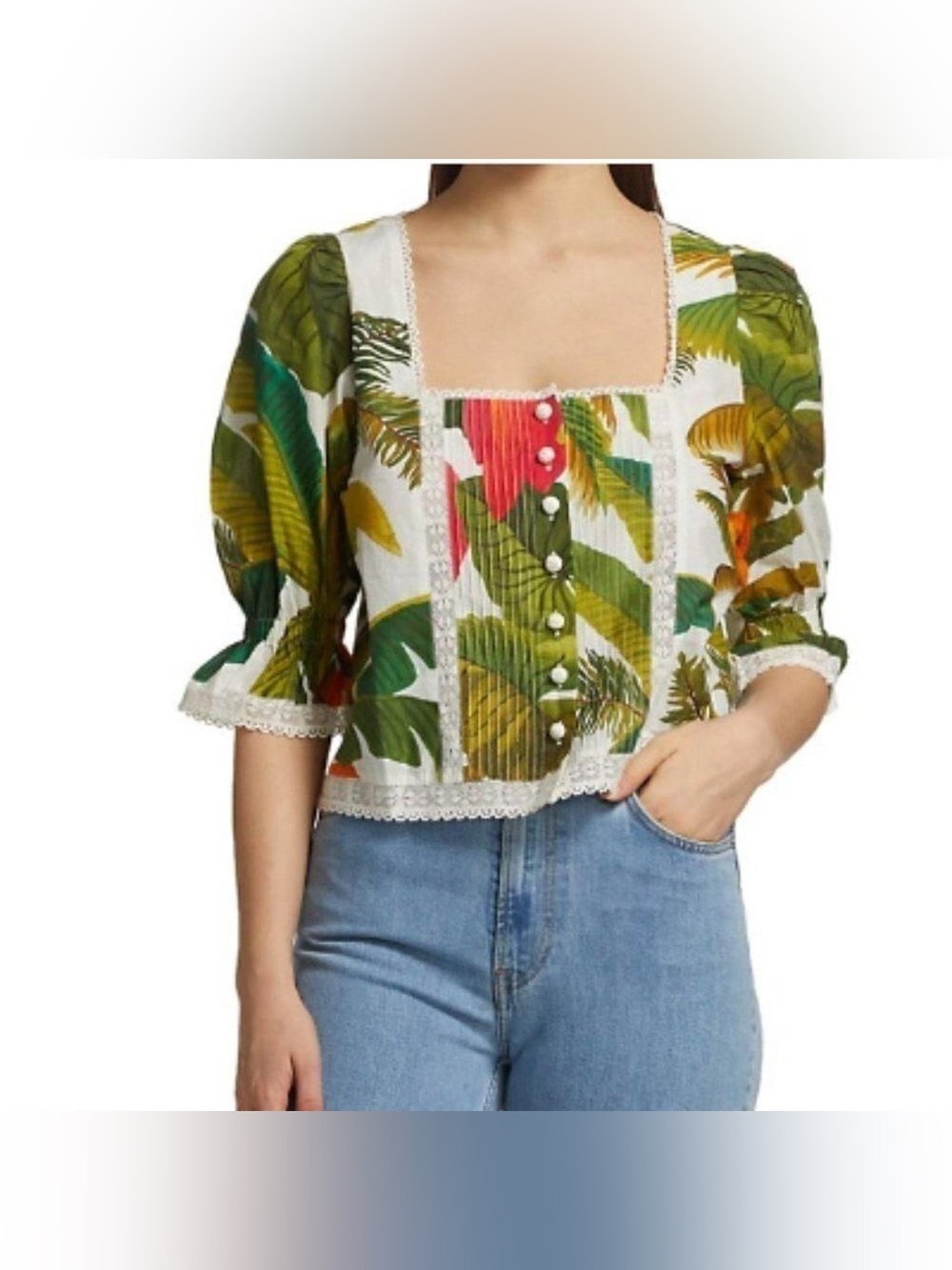 Farm Rio White Cocoa Forest Puff Sleeve Square Neck Crop Top